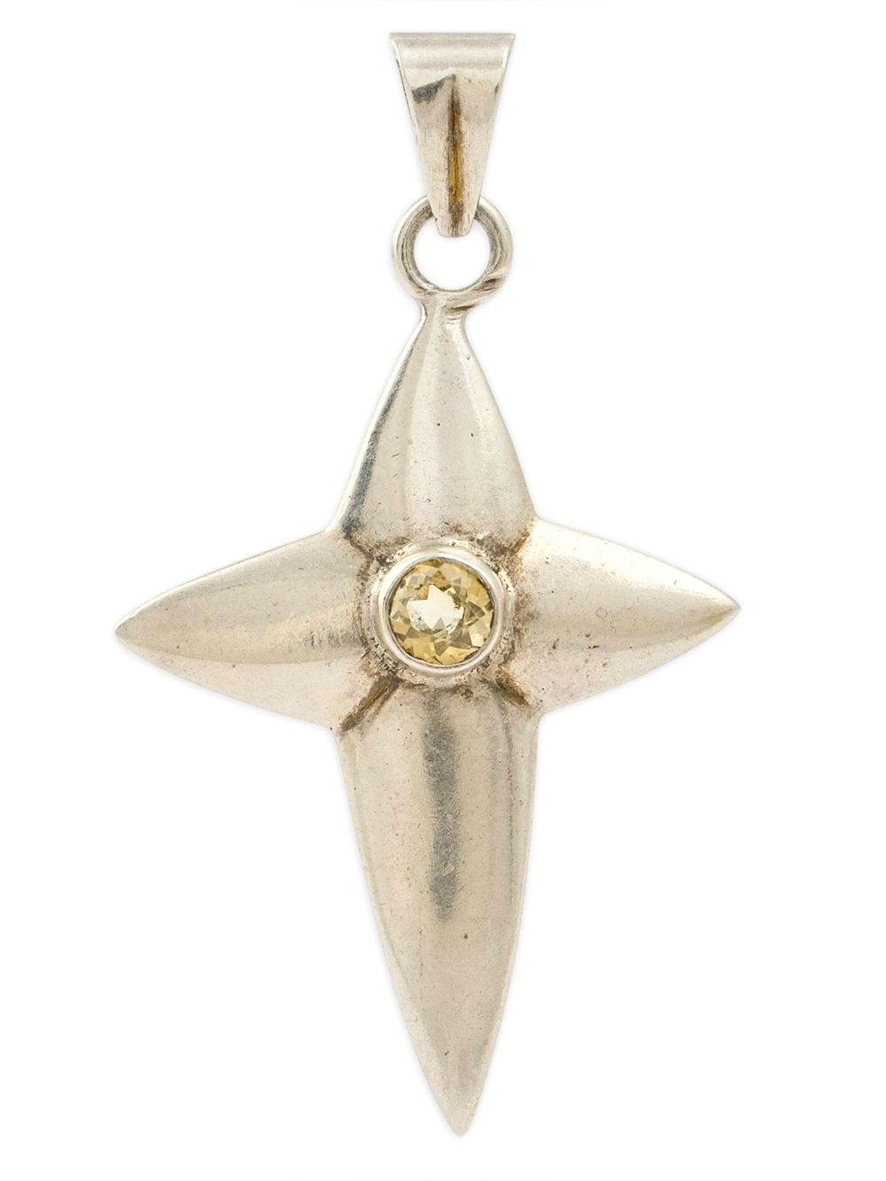 Vintage Citrine Sterling Silver Star Cross Necklace Pendant Large Modernist